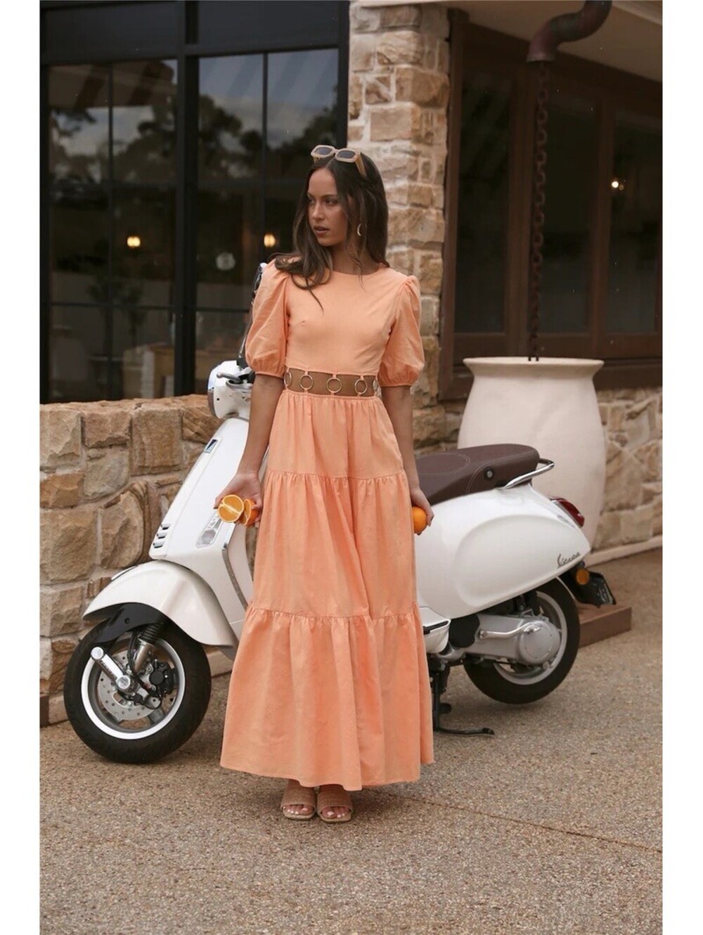 Charlie Holiday Andrea Maxi Size 6 Apricot Orange Puffed Sleeves Gold Hoops